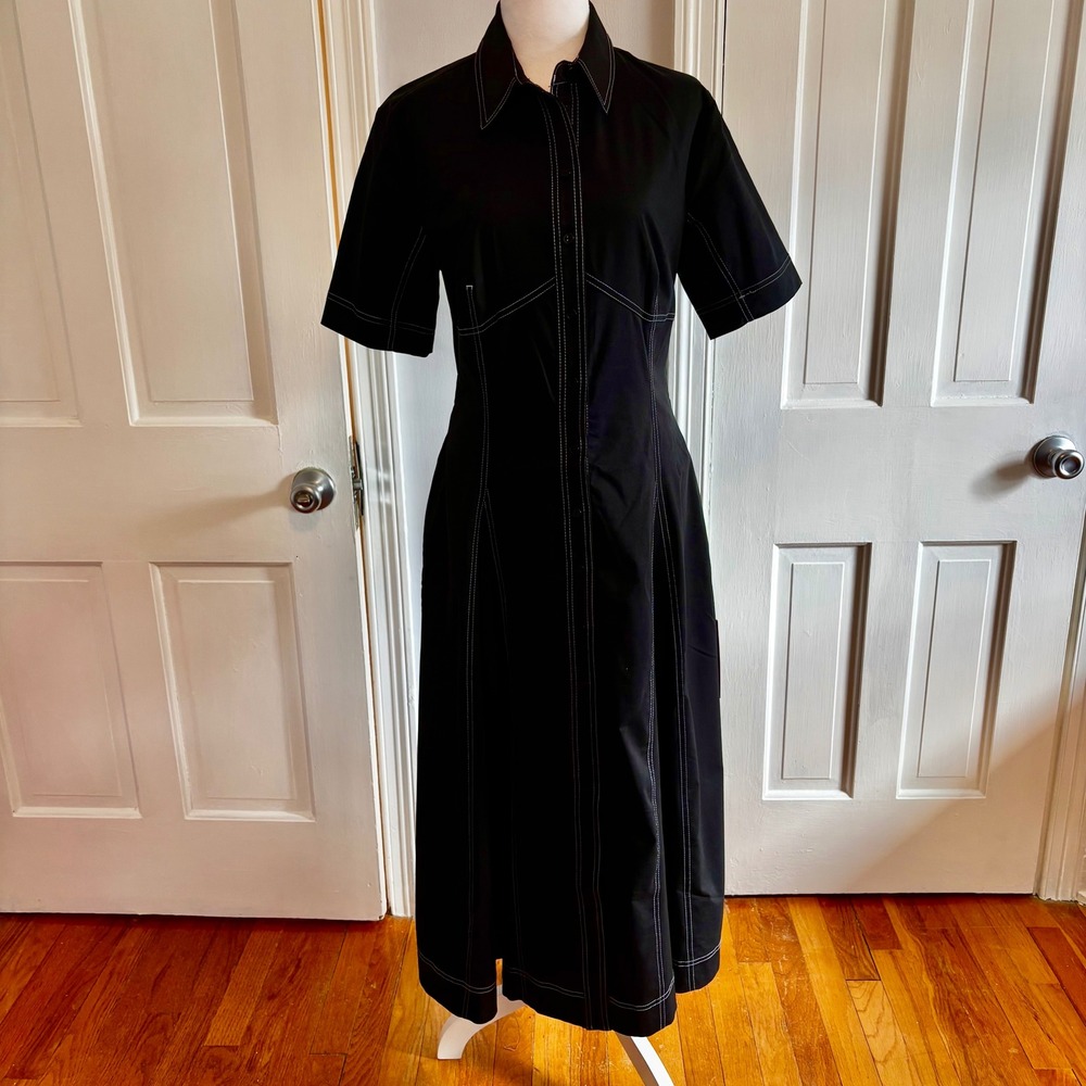 NEW Exquise Womens Medium Nara Dress Black Contrast Stitch Short Sleeve Midi